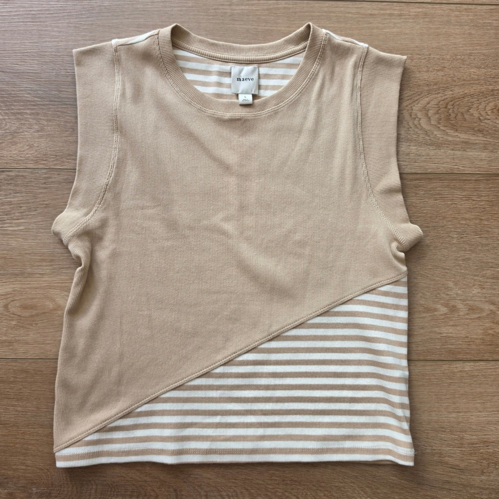 Maeve Anthropologie Tan Striped Asymmetrical Ribbed Blouse, Large
